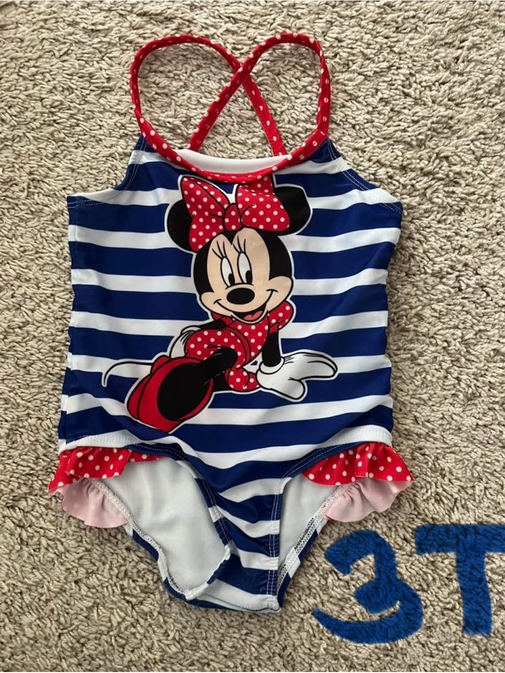 Minnie Mouse Navy & White Striped One-Piece Swimsuit with Red Polka Dot Accents